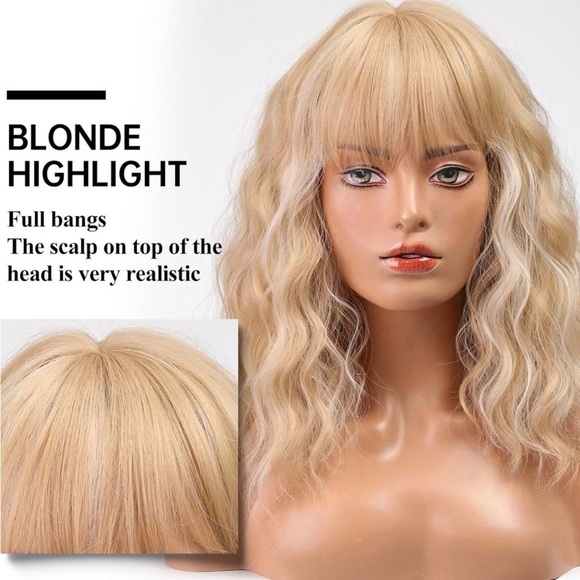 Human hair blend blonde with platinum blinde highlights wig main image 4